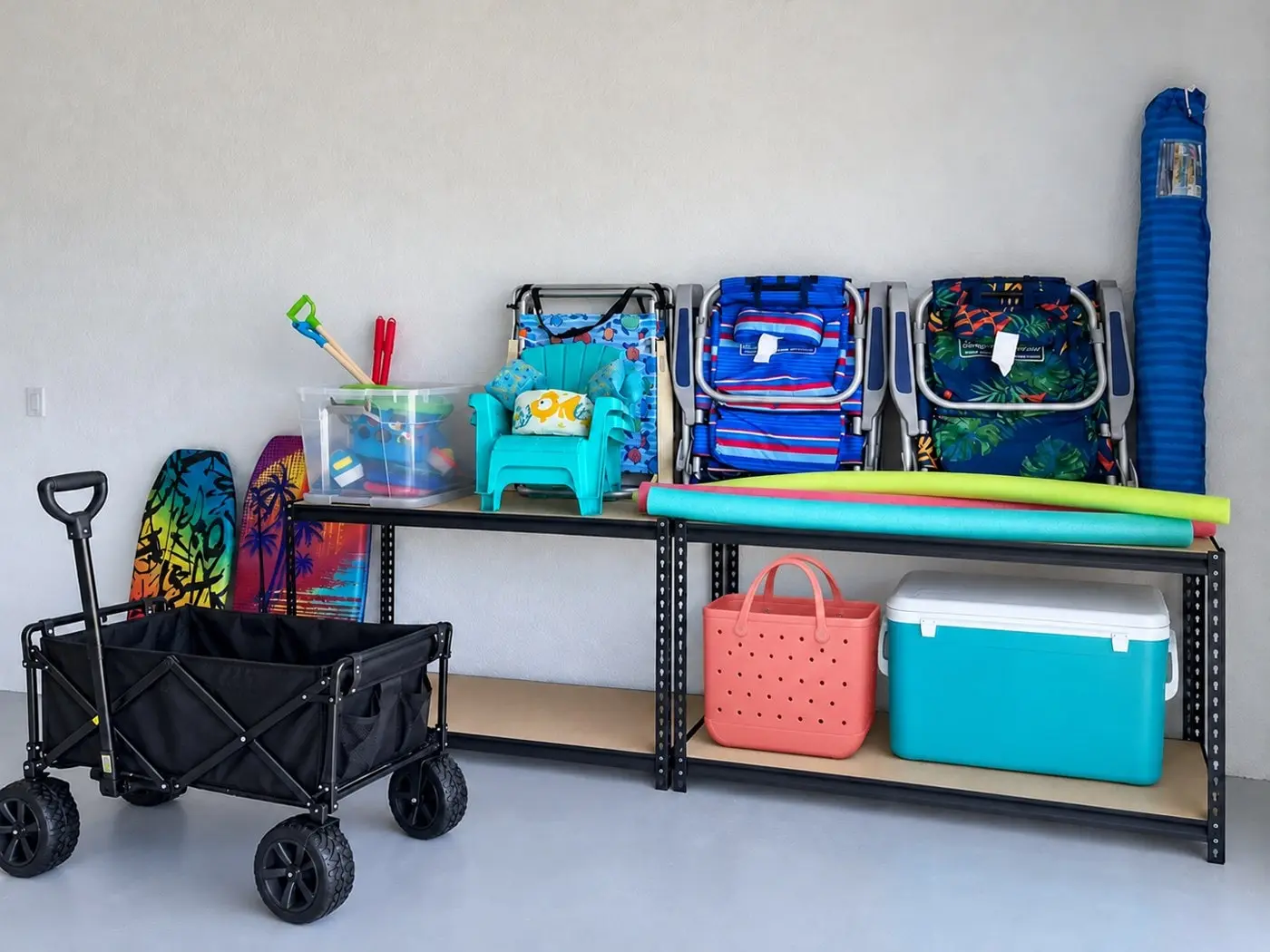 Beach kit in the garage: Tommy Bahama chairs, wagon, cooler, beach bag and umbrella (edited image)