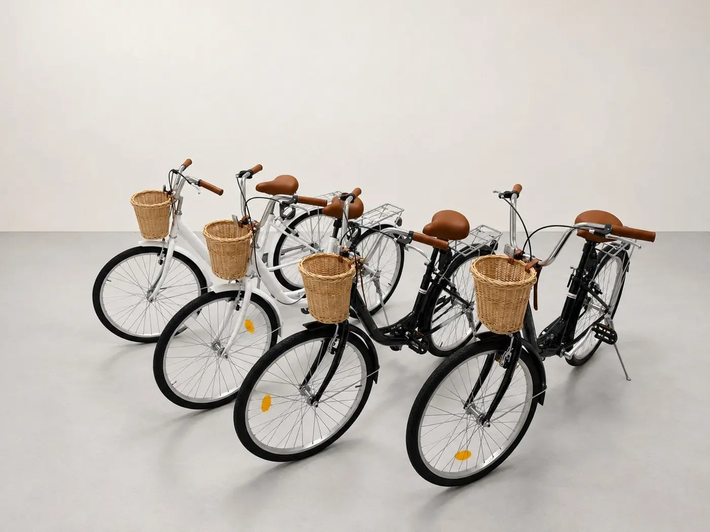 Four bicycles with baskets, ready to ride around the island (edited image)
